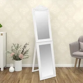 Weißer Standspiegel 50 x 6,5 x 200 cm aus Glas und Eukalyptusholz, klappbar für Flur, Schlafzimmer, Garderobe, Kosmetik und Schminkbereich im Vintage Design