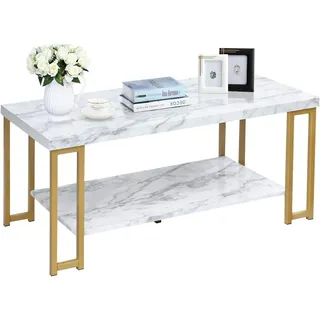 COSTWAY Couchtisch Marmor Optik, Beistelltisch mit Ablage, Gold Sofatisch, Modern Kaffeetisch Wohnzimmertisch rechteckig 100x49,5x45cm - Weiß, Gold