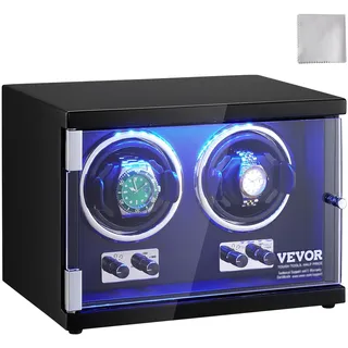 Vevor Automatik-Uhrenbeweger, Watch Winder, Uhrenbeweger für Automatikuhren, Automatischer Uhrenbeweger mit Platz für 2 Uhren, LED Beleuchtung, 150–207 mm Einstellbare Riemenlänge