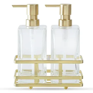 Quadratisches Glasspender-Set für Lotion- und Seifenspender mit Metallständer, Caddy für Badezimmer, Bad, Küche, Zuhause, Büro, Reisen, Hotel, handgefertigt, schweres Gewicht (gebürstetes Gold)