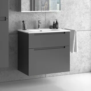 Premium Waschbecken mit Unterschrank 80 cm anthrazit matt lackiert mit zwei Schubladen Waschtisch Badmöbel Badezimmer Schrank Badschrank - Dunkelgrau
