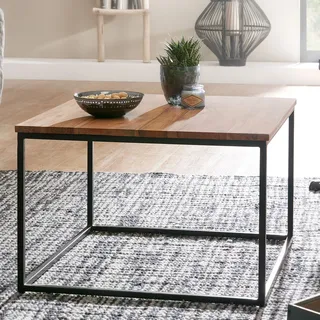 FineBuy Couchtisch quadratisch 60x60 cm Akazie Massivholz · Wohnzimmertisch mit schwarzem Metallgestell · Handgefertigt im Industrial Design - Braun