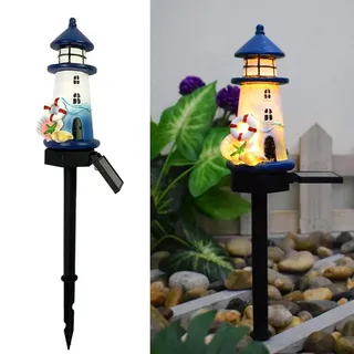 YZYOE Solar Blau und Weiß Leuchtturm Atmosphäre Lichter, Garten und Hof Dekoration Harz nette Haus Stehlampe, Drahtlose Dämmerung zu Dämmerung LED Lichter wasserdicht.