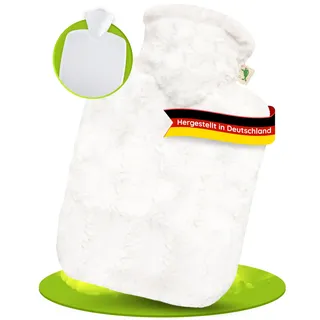 Hugo Frosch Wärmflasche Klassik 1,8l – Made in Germany – mit kuscheligem Flauschbezug in Felloptik Weiß – große, auslaufsichere & geruchsneutrale Bettflasche – mit waschbarem Bezug