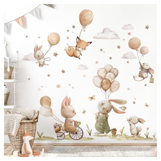 DEKO KINDERZIMMER Wandsticker Waldtiere Boho Wandtattoo Babyzimmer beige Luftballons Sterne Wandaufkleber Kinderzimmer selbstklebend Wanddeko DK1145-05