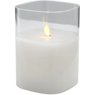 Klocke Dekorationsbedarf Hochwertige & Eckige LED Kerze im Glas Windlicht - Flammenlose & Flackernde Echtwachskerze (Weiß, Höhe:12,50cm)