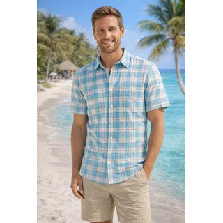 Karohemd MAN'S WORLD "in Crinkleoptik", Herren, Gr. 4XL (49/50), N-Gr, blau (türkis kariert), Web, Obermaterial: 100% Baumwolle, Crinkleoptik, bequem normal, Hemden Karohemd, Kurzarm, für Frühling und Sommer, aus Baumwolle, bequeme Passform, Topseller