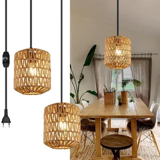 2x Rattan Lampe Boho Lampe Hängend Deckenlampe mit Stecker Hängelampe rattan E27 max.60W für Schlafzimmer Wohnzimmer Küche Flur Haus & Restaurant - Schwarz, Bronze