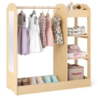 COSTWAY Kindergarderobe mit Spiegel, Prinzen Prinzessin Kleiderständer mit Kleiderbügel und 4 Ablagen, Kinder Kleiderschrank aus Holz, 93,5 x 38 x 100 cm (Natur)