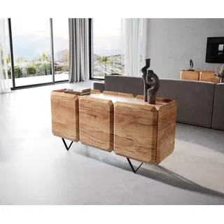 DELIFE Sideboard Kiano 145 cm Akazie Natur 3 Türen V-Fuß Schwarz Raumteiler - Hellbraun, Braun