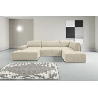 werk2 Wohnlandschaft »Rotterdam-U, U-Form, in kuschelweichem Cord oder Breitcord« Design Sofa mit Schlaffunktion & Bettkasten, Cord, Natur, beige
