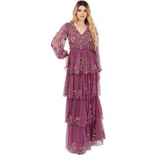 Maya Deluxe Damen Women's Maxi Ladies V-Neck Long Blouson Sleeve Floral Sequin Embellished A-line Tiered Skirt Tulle Keyhole Back Dress, Rose, 40 EU