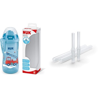 NUK First Choice+ Flexi Cup Trinklernflasche | ab 12 Monaten | auslaufsicher mit Trinkhalm | Clip und Schutzkappe | BPA-frei | 300 ml | Feuerwehrauto (blau) & Flexi Cup Soft-Trinkhalm, 650ml