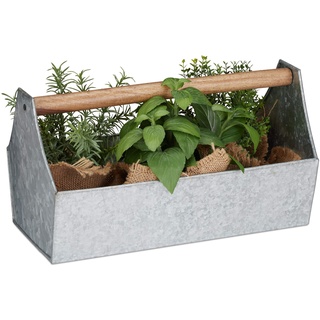 Relaxdays Blumenkasten mit Holzgriff 36 x 20 x 20 cm silber 