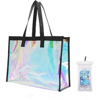 OLSON DEEPAK Wasserdichte Strandtasche für Frauen mit Wasserdichte Handytaschen, PVC durchsichtige tasche Große Tote Tasche für Pool, Tasche für Reisen und Urlaub (Schwarz)