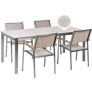 BELIANI Gartenmöbel Set 7-Teilig Weiß und Beige Edelstahl 4 Stühle Polyester Tisch 180x90 cm Sicherheitsglas Keramik Gartenausstattung Outdoor Indoor - Weiß, Beige, Silber