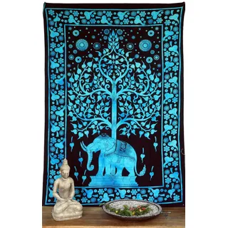 GURU SHOP Boho-Style Wandbehang, Indische Tagesdecke - Tree of Life Elefant/Türkis, Baumwolle, 190x140 cm