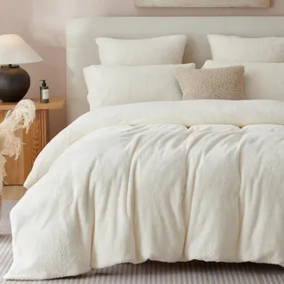 Freyamy Plüsch Bettwäsche 200x220cm 3teilig Weiß Nicky Teddy Fleece Deckenbezug Flanell Cashmere Touch Winter Bettwaren-Sets Flauschig Warme Bettbezug mit Reißverschluss und 2 Kissenbezug 80x80cm