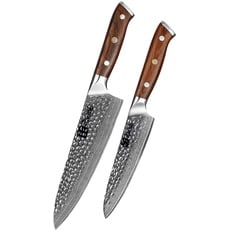 Kensaki 2er Messerset aus Damaszener Stahl Küchenmesser Japanischer Art hergestellt aus 67 Lagen Damaststahl Gehämmert – Tetsu Serie, KEN-152, 2er Set