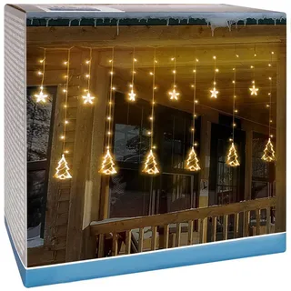 ECD Germany LED Lichtervorhang 2,2m mit 138 LEDs Warmweiß Weihnachtsbäume und Sterne 8 Funktionen Weihnachtsdeko Fensterdeko Innen/Außen Lichterkette - Weiß