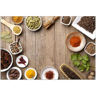 Wallario Outdoor-Poster für Garten oder Balkon, Motiv Gewürze in Schüsseln auf einem alten Holztisch in der Küche, in ca. 100 x 150 cm - Braun
