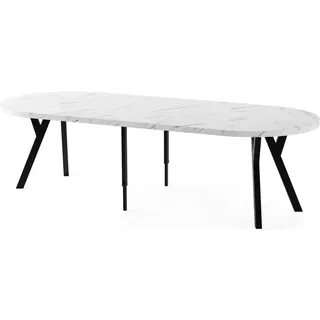 WFL Group Esstisch Twixy XXL groß rund oval ausziehbar, Marmor Weiß 100-250/100/76 cm , Ecru , Holzwerkstoff , Rund,Rund , 100x76x100 cm , Esszimmer, Esstische
