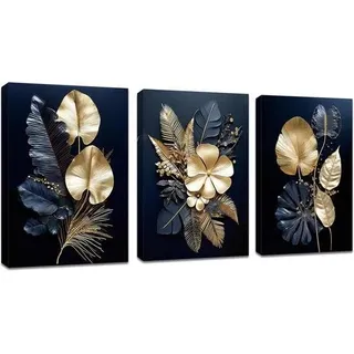 3-teiliges modernes Leinwandbild mit marineblauen und goldenen Blumen und Kokosnussblättern, Foto-Gemälde auf Leinwanddruck für Wohnzimmer, Schlafzimmer, Büro, auf Keilrahmen gespannt, 30 x 40 cm x