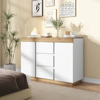 MODFU Kommode Sideboard mit 3 Schubladen und 2 Türen, Schrank Buffet Schubladenschrank für Wohnzimmer, Schlafzimmer, Kinderzimmer, Jugendzimmer und Büro, Weiß&oak - Braun