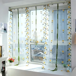 Chrysanthemen Vorhänge, Transparent Stickerei Gardine mit Kräuselband, Bestickte Sonnenblumen Tüll 80*200CM, Polyester Fensterdekoration für Wohnzimmer, Schlafzimmer, Hotelzimmer Innenraumgestaltung
