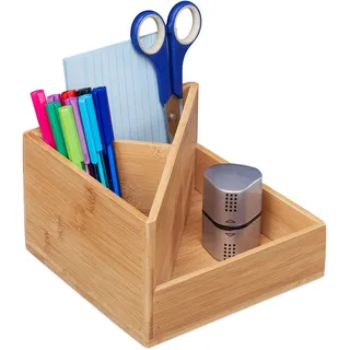 Relaxdays Stiftehalter Bambus Natur 3 Fächer 10,5 x 16,5 x 16,5 cm