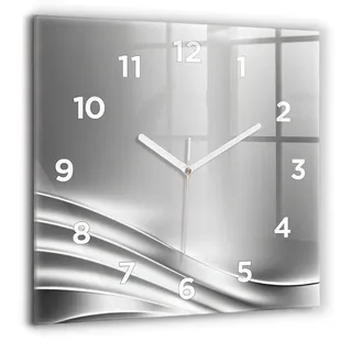 Wallfluent Große Wanduhr – Stilles Quarzuhrwerk - Uhr Dekoration Wohnzimmer Schlafzimmer Küche - Zifferblatt - weiße Zeiger - 60 cm - Silberne Abstraktion - Silber