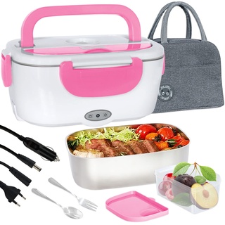 Poligono Elektrische Lunchbox Speisenwärmer 220V 12V, 1.5L Tragbare Elektrische Brotdose für Haushalt und Auto, Container aus Edelstahl 304, Rosa