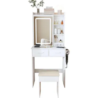 Stilvora Schminktisch in Weiß Frisiertisch mit Spiegel LED-Beleuchtung Steckdose Hocker verstecktem Stauraum Schlafzimmer B60/T36/H136cm , Holzwerkstoff, Glas , 2 Schubladen , Rechteckig,Rechteckig , 60x136x36 cm , Schlafzimmer, Schminktische