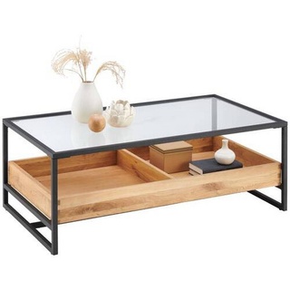 Hom`in Couchtisch , Klar, Schwarz, Eichefarben , Holz, Metall, Glas, Holzwerkstoff , Eiche , furniert, massiv , rechteckig , Kufe, U-Form , 40x60x110 cm , Stauraum , Holzmöbel, Holztische, Wohnzimmertische Holz, Couchtische Holz