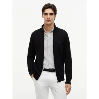 Strickjacke TOMMY HILFIGER "ESSENTIAL COTTON ZIP THRU", Herren, Gr. XL, schwarz, Strick, Obermaterial: 100% Baumwolle, regular fit hüftlang, Rippstrickbündchen, Strickjacken Strickjacke, mit Logostickerei