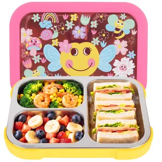 PinkSheep Edelstahl Brotdose Kinder mit 3 Fächern und Dichtring 950ml Lunchbox Personalisiert, BPA-freie, Auslaufsicher, Bento Box für Picknick Schulschüler Mittagessen Snack (Bienen)