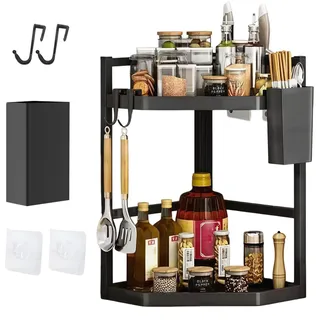 AmoreTempo 2 Etagen Küchenregal Eckregal Arbeitsplatte 39cm Gewürzregal Ecke Stehend & Wandmontage Eckregal Küche Rostfreies Edelstahl-Gestell mit Wasserfesten Kunststoff-Ablagen für Küche und Bad