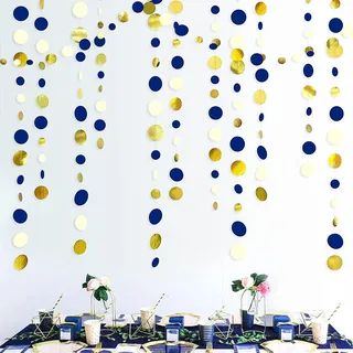 52 Ft Navy Blue and Gold Circle Dots Garland Royal Blue Hanging Paper Polka Dot Streamer for Birthday Wedding Bridal Baby Shower Graduations Nautical Ahoy Achor Pirate Theme Party Decorations Supplies