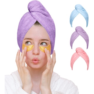 Good Nite Haarturban Haarhandtuch Haartrockentuch 3 Stück Wrap Super saugfähige schnell trocknende Haarkappen mit Knöpfen Mikrofaser für Handtücher Mädchen Lange lockiges nasses Haar(Rosa|Lila|Blau)