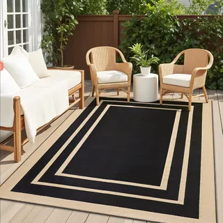 Homaxy Outdoor Teppich Wetterfest, Kunststoff Stroh UV-beständig Wendbar Faltbar Waschbar Balkon Garten Teppich für Terrasse Camping Picknick - 120 x 180 cm, Schwarz & Beige