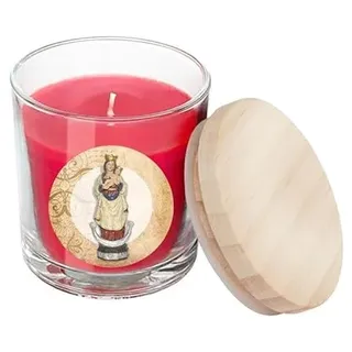 Rote Kerze Jungfrau von Almudena Glas mit Deckel in Box mit Geschichte 7x7x8.5 cm