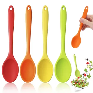 4 Stück Antihaft Silikon Löffel,20.4 cm Kochlöffel Silikon mit Langem Griff | Küche Silikonlöffel, Kochlöffel Kunststoff Hitzebeständig, BPA-frei Silikon Servierlöffel für Kochen Rühren Backen(Bunt)