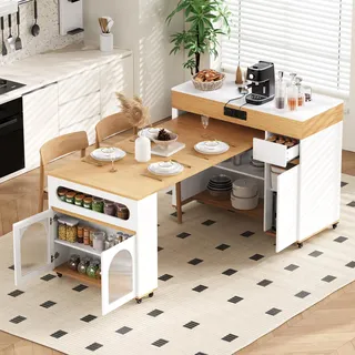okwish Kücheninsel Ausziehbarer Esstisch mit Erweiterbare Tischplatte,Küchentisch mit Rollen und Sideboard,Klapptisch Mit Steckdosenleiste Für Küche Und Essbereich,Weiß - Weiß