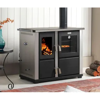 Kaminofen mit Backfach und Herdplatte Teba TKS 18 Rechts Mehrfachbelegung Holzofen 10 kW Kamin Ofen Holz Holzherd Küchenhexe Kochplatte Küchenofen - Silber, Schwarz
