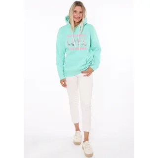 Hoodie ZWILLINGSHERZ "Love is all you need ZH", Damen, Gr. L/XL, blau (türkis), Sweatware, Obermaterial: 50% Baumwolle, 50% Polyester, regular fit normal, V-Ausschnitt, angesetztes Bündchen, Sweatshirts Hoodie, Pailettenherzen am Rücken
