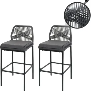 2er-Set Rope-Barhocker HWC-O21, Outdoor Sitzpolster Seilgeflecht Metall anthrazit, Kissen dunkelgrau - Grau