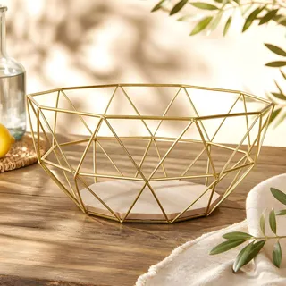 Korb Metall Gold 26x12cm Obstkorb Modern Holz MDF Braun Schüssel Schale Deko Obstschale Tischdeko
