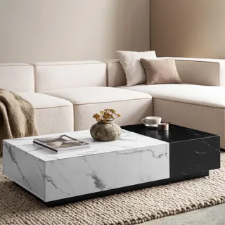 FineBuy Couchtisch 120x60x28 cm Weiß Schwarz Sofatisch in Marmor-Optik Modern Wohnzimmertisch Niedrig Rechteckig mit Schubladen Loungetisch Stauraum - Weiß