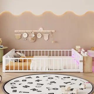 MODFU Kinderbett Metallbett 140x200 mit kleinen Schiebetür Doppelbett mit Sicherheitsgeländer und offenen Fächern Flachbett Bettgestell LED-Streifenleuchten mit Matratze Weiß - Weiß