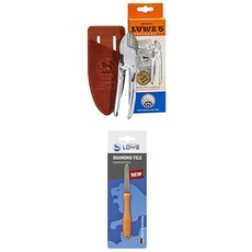 Original LÖWE Set bestehend aus Jubiläumsedition Garten Amboss Schere 5.100 mit handgefertigtem Lederholster & Diamantfeile 0023 für Scheren, Äxte und Werkzeuge